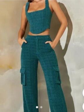 Women's Teal Cargo Wide-Leg Pants Set